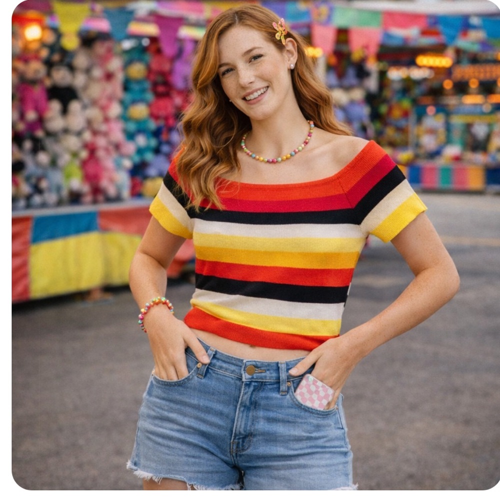 Forever 21 Off-the-Shoulder Striped Knit Crop Top